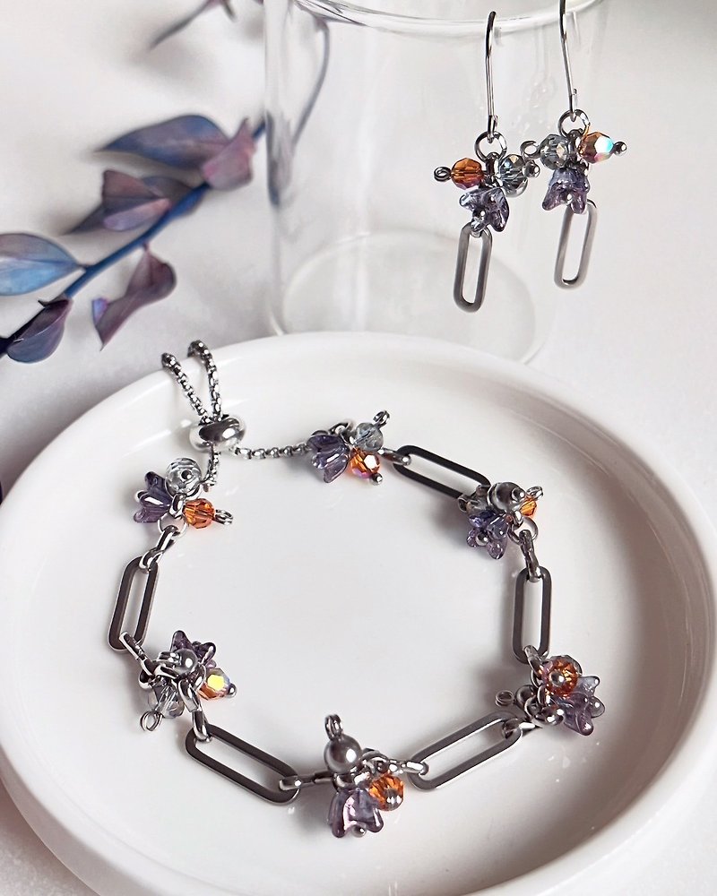 Flower Crystal Flower Bracelet (Purple Orange) Stainless Steel Telescopic Bracelet - สร้อยคอ - แก้ว สีม่วง