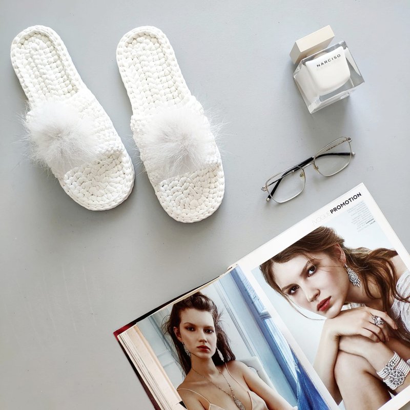 新娘拖鞋 婚礼拖鞋 白色新娘鞋 - 拖鞋 - 棉．麻 白色