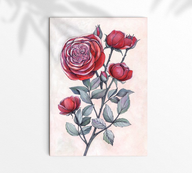 Red Roses Original Gouache Painting 30x21cm Botanical Illustration Rose Flowers - Illustration, Painting & Calligraphy - Paper Red