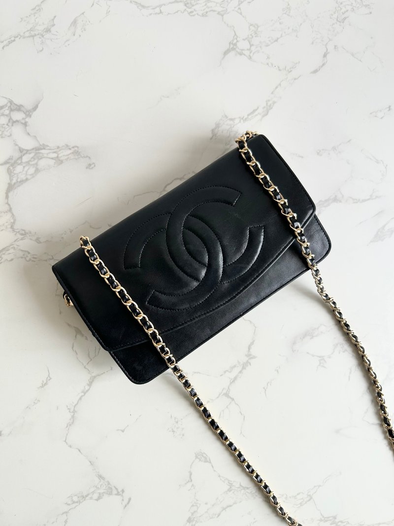 稀有中古包 Chanel黑色羊皮皮革WOC斜背包 長夾 單肩包 側背包 - 側背包/斜背包 - 真皮 黑色