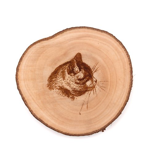 芬多森林 台灣肖楠杯墊-長鬚貓咪|用原木年輪隔熱墊打造居家辦公室的質感