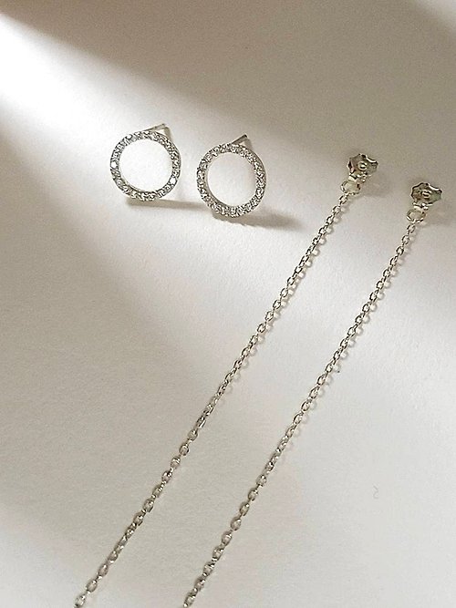 A.pearl 水晶純銀輕珠寶 光環純銀耳環/2帶式耳環/純銀/A.pearl