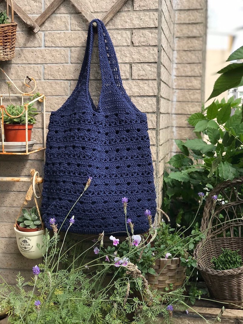 Handmade-woven cotton shoulder/handbag-dark blue-work/commute/light travel/birthday gift - กระเป๋าถือ - ผ้าฝ้าย/ผ้าลินิน สีน้ำเงิน