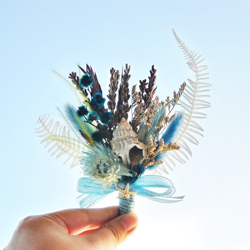【客製】乾燥胸花-藍色海洋風 新郎胸花 - 胸花/手腕花 - 植物．花 藍色