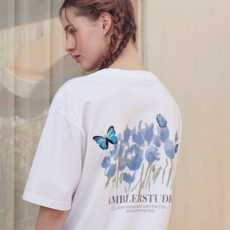 Ambler AS1030 Over fit T-shirts Blue Butterfly 短袖t恤 - 女 T 恤 - 棉．麻 