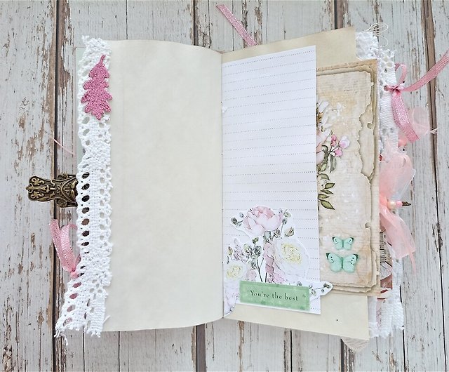 Shabby Chic Junk Journal book, Treasure Book, White and Pink Lace
