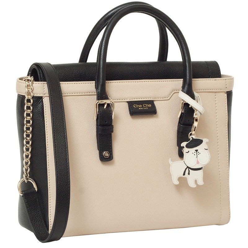 French Bulldog Dual Color Leather Tote - Handbags & Totes - Genuine Leather Black