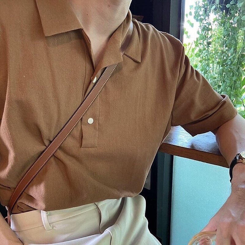 棉．麻 男襯衫/休閒襯衫 - SUMMER SHIRTS  short-sleeves shirt loose-fit Korean Men's shirts Latte Brown