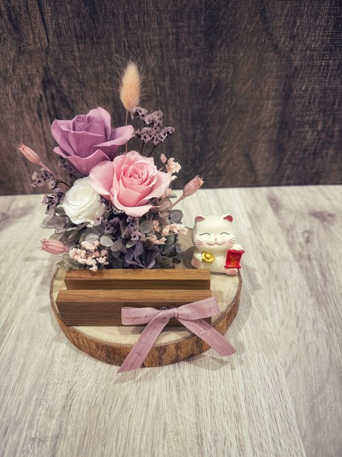 薄荷貓不凋花、乾燥花藝坊 招財貓永生花名片座 乾燥花/開幕送禮/招財/玄關擺飾/升遷祝賀