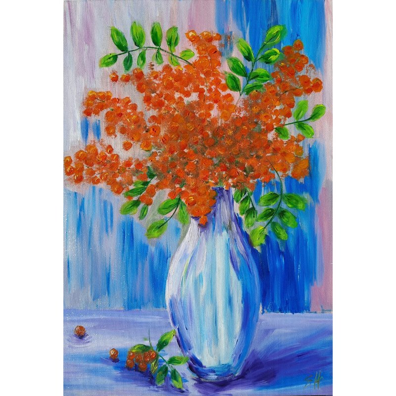 Rowan in a vase oil painting 紅色漿果 油畫 - Posters - Cotton & Hemp Red