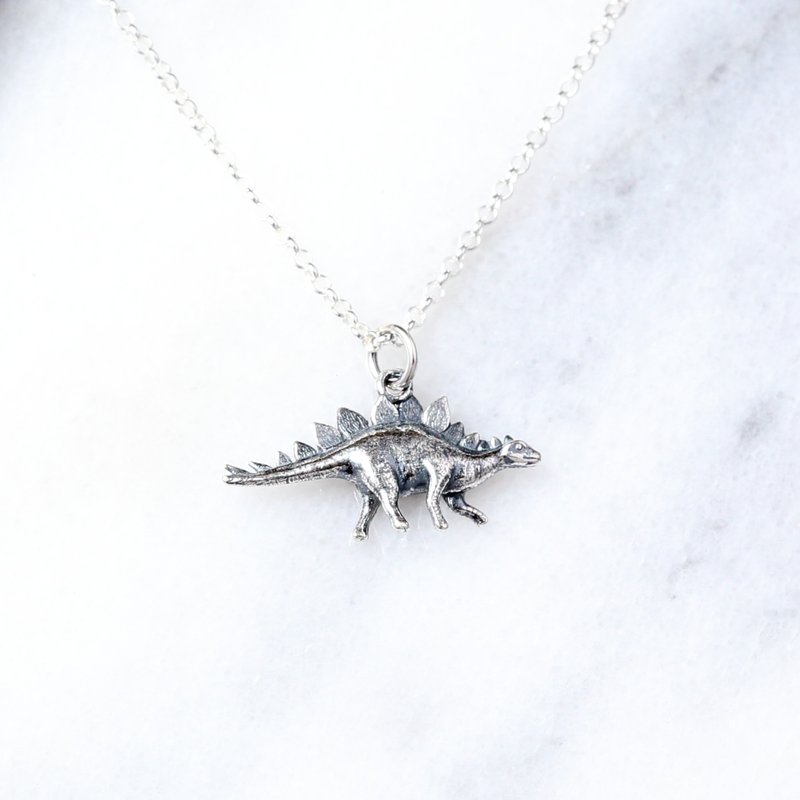 【Angel & Me】3D Dinosaur Stegosaurus s925 sterling silver necklace Birthday gift - Necklaces - Sterling Silver Silver