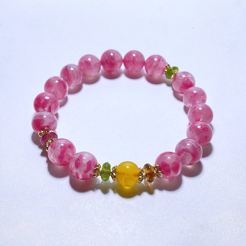 Natural cherry blossom rhodonite beeswax tourmaline 925 sterling silver bracelet - Bracelets - Gemstone Pink