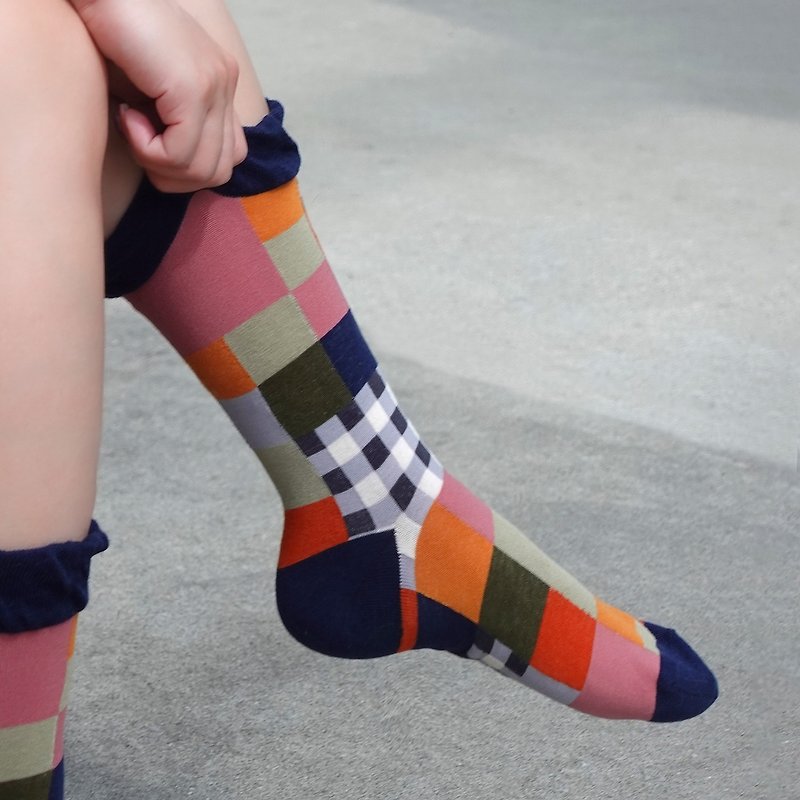 Mumble Socks (Patchwork / Golden) - ถุงเท้า - ผ้าฝ้าย/ผ้าลินิน สีส้ม