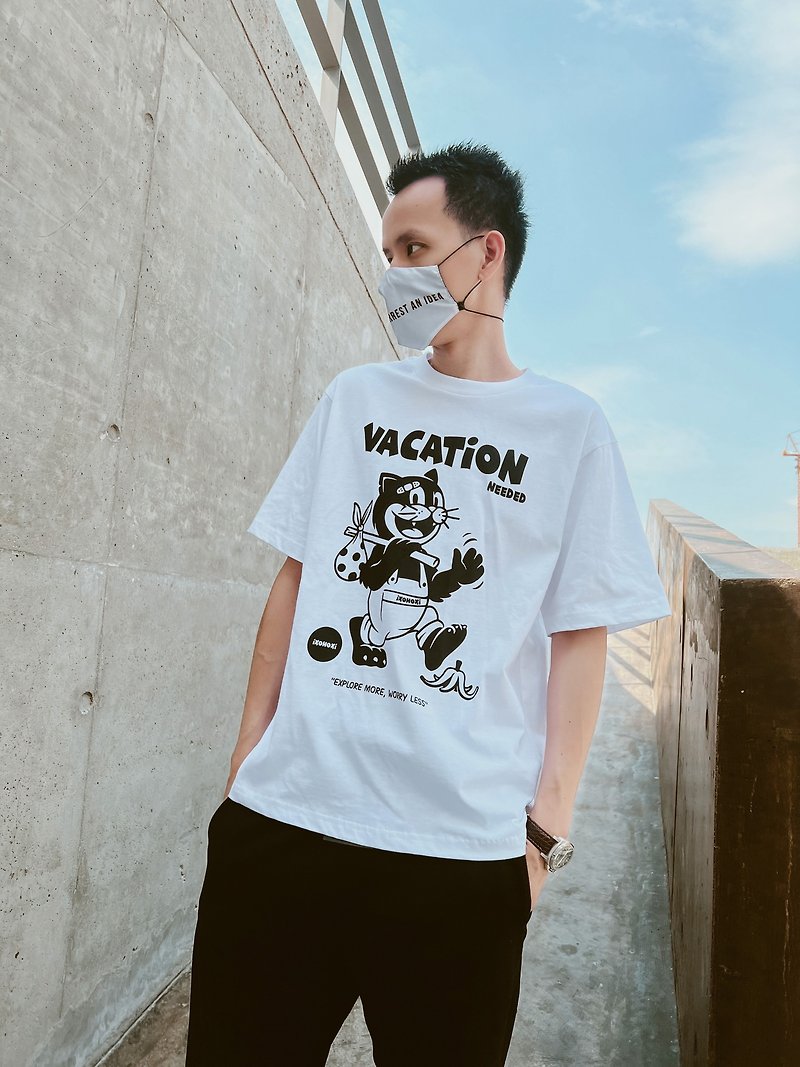 Oversize T-Shirt with Cat on Vacation Graphic Cotton 100% (IOS-011) - เสื้อยืดผู้ชาย - ผ้าฝ้าย/ผ้าลินิน 