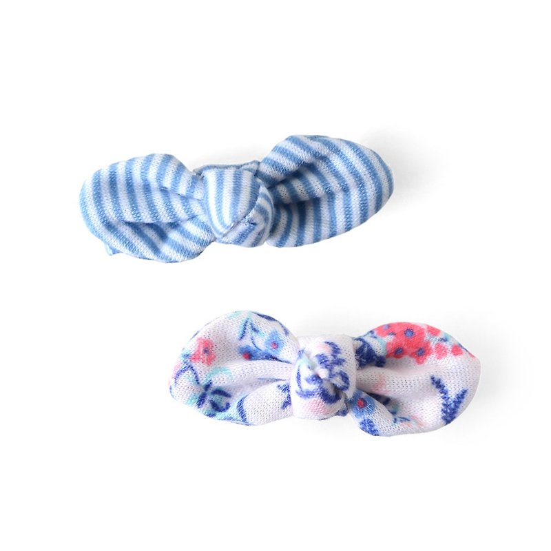 美國 Joli Sophie 蝴蝶結小髮夾2入 - 藍白條紋白底藍花JSHC2BSWF - 圍兜/口水巾 - 棉．麻 藍色