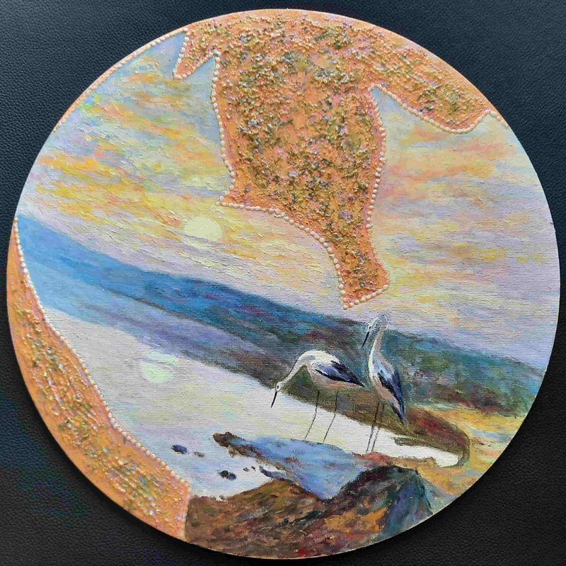 Round shape original mixed media painting, landscape birds sunset wall art 30x30 - ตกแต่งผนัง - วัสดุอีโค หลากหลายสี