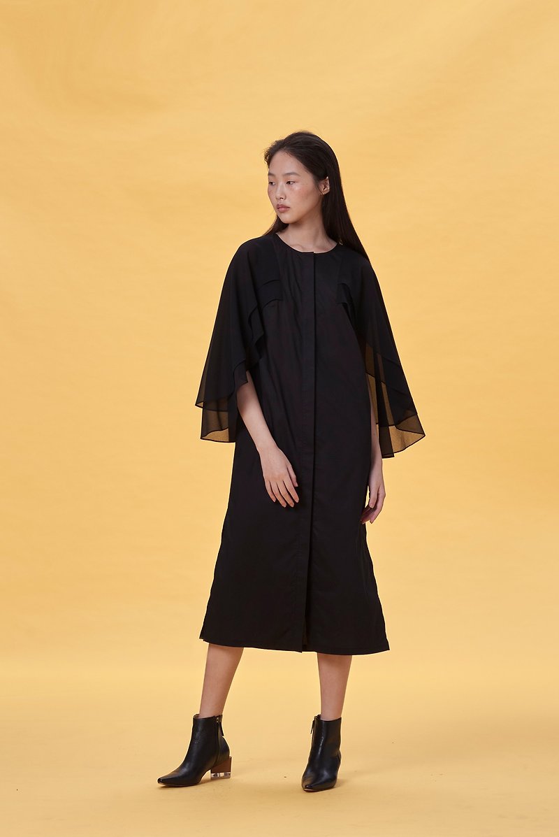 double black shawl dress - ชุดเดรส - ผ้าฝ้าย/ผ้าลินิน สีดำ