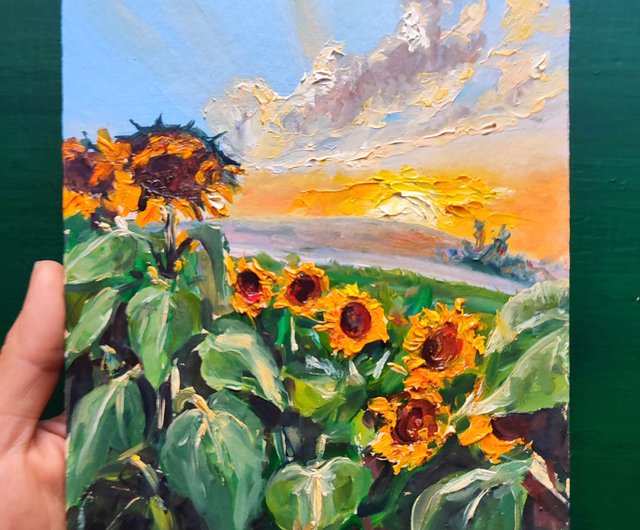 風景画、手作りアート、ひまわり、オリジナル油絵、吊り下げアート