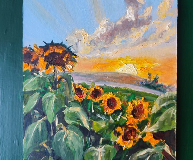 風景画、手作りアート、ひまわり、オリジナル油絵、吊り下げアート