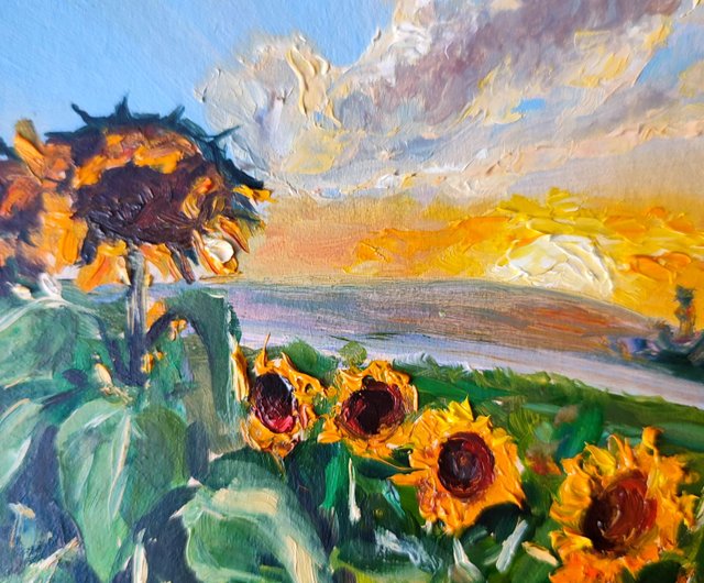 自作の油絵 風景画、手作りアート、ひまわり、オリジナル油絵、吊り下げアート