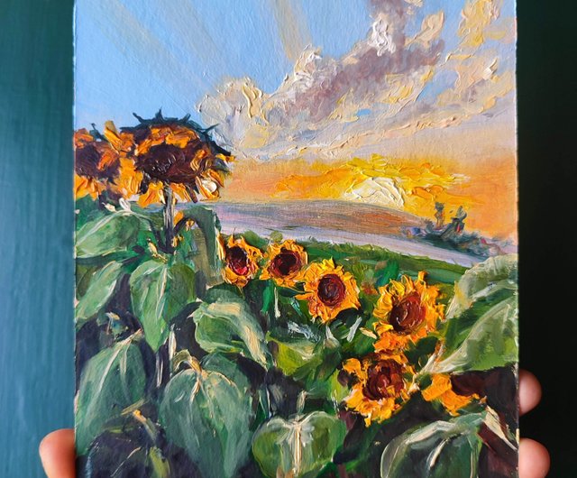 風景画、手作りアート、ひまわり、オリジナル油絵、吊り下げアート