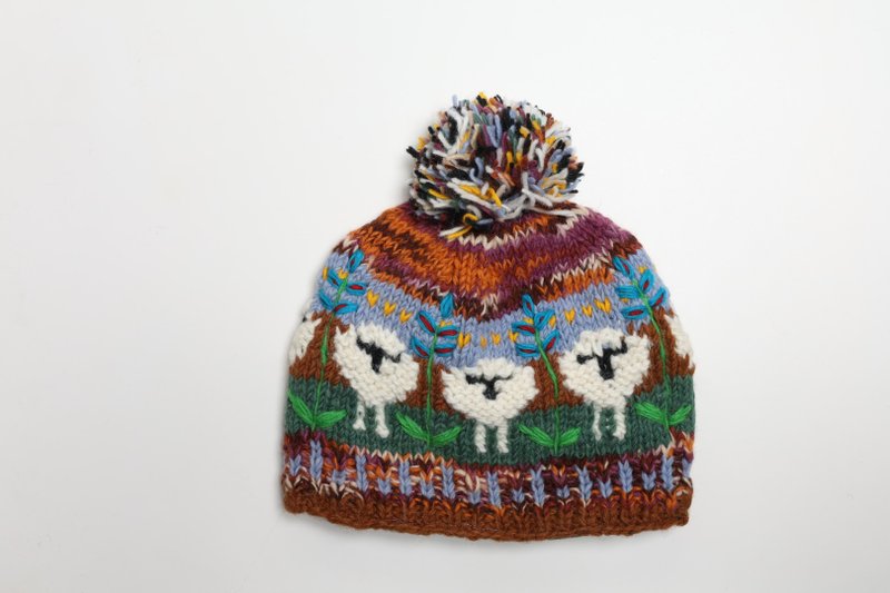 /現貨/可愛咖啡色白綿羊羊毛球純羊毛線手工編織全襯防風寒流毛帽 - 帽子 - 羊毛 咖啡色