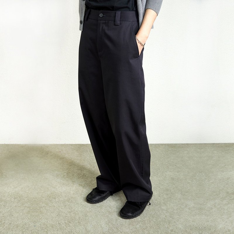 Japanese imported cotton material dark blue and black exquisite casual daily commuting loose straight trousers trousers - กางเกงขายาว - ผ้าฝ้าย/ผ้าลินิน สีดำ