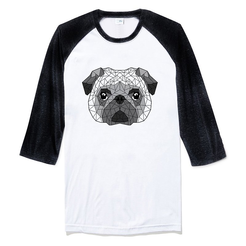 幾何学的なパグユニセックス七分袖Tシャツホワイトブラック幾何学的なパグ犬フランスの子犬犬動物アメリカンコットン - Tシャツ メンズ - コットン・麻 ホワイト