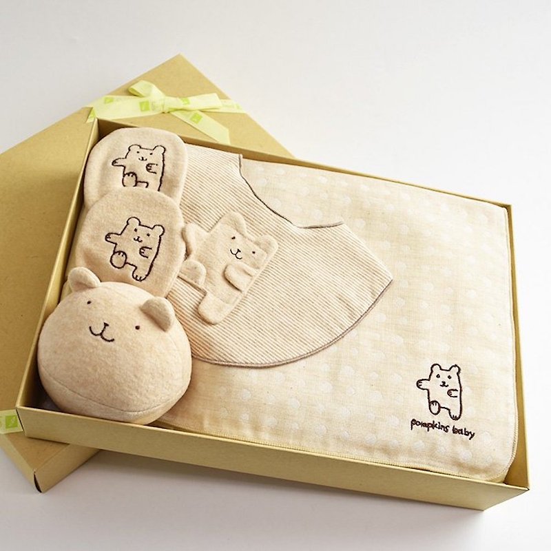 [Limited to Pinkoi store] Gift Set LB Bear Collection 100% Organic Cotton Style Ball Mitten Gauze Handkerchief 4 Piece Set Baby Gift Made in Japan - Baby Gift Sets - Cotton & Hemp Brown