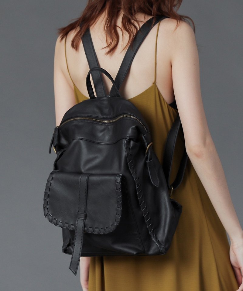 Braided Piping Square Leather Backpack - Matte Black - Backpacks - Genuine Leather Black