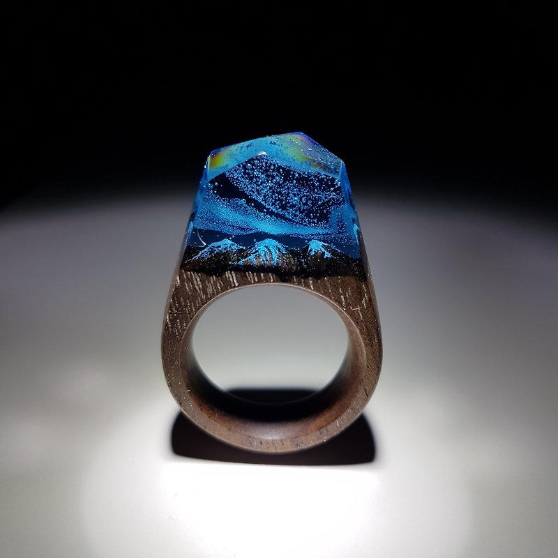 Walnut Aurora Hand Carved Snow Mountain Wood Ring - General Rings - Wood Blue