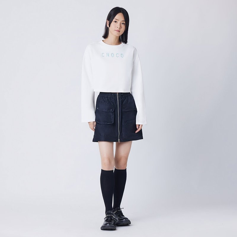 Logo 寬袖短身Tee - 女 T 恤 - 棉．麻 黑色