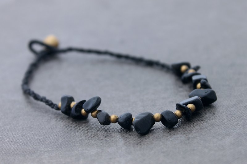Onyx Stone Cotton Woven Spiral Anklets Brass Beaded Bell Ankles Bracelets - Anklets & Ankle Bracelets - Semi-Precious Stones Black