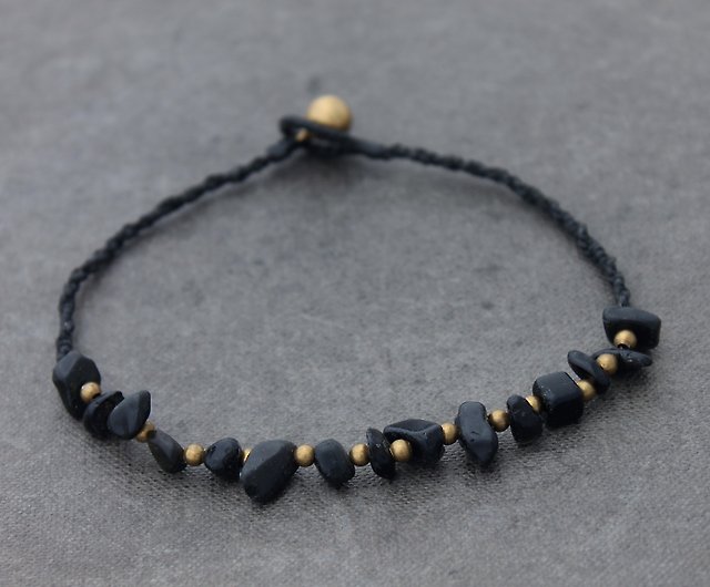 Bohemian style ankle bracelet handmade of black onix and brass beads with little bells on it