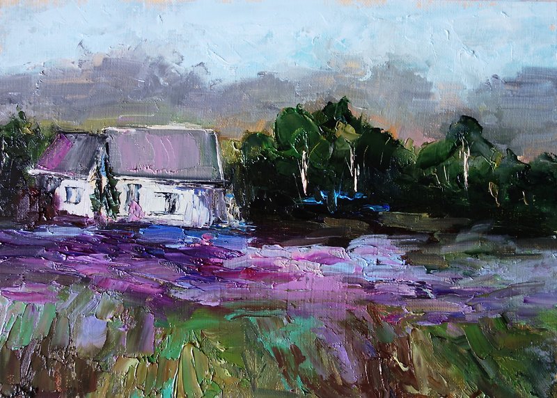 Lavender Fields Painting Oil Landscape Original Art 油畫原作 Meadow Artwork - โปสเตอร์ - สี หลากหลายสี