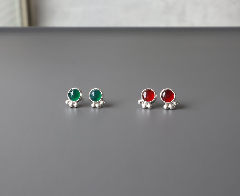 Colorful Candy Agate Ear Studs - Green Red 2 colors - Sterling Silver - ต่างหู - เงินแท้ หลากหลายสี