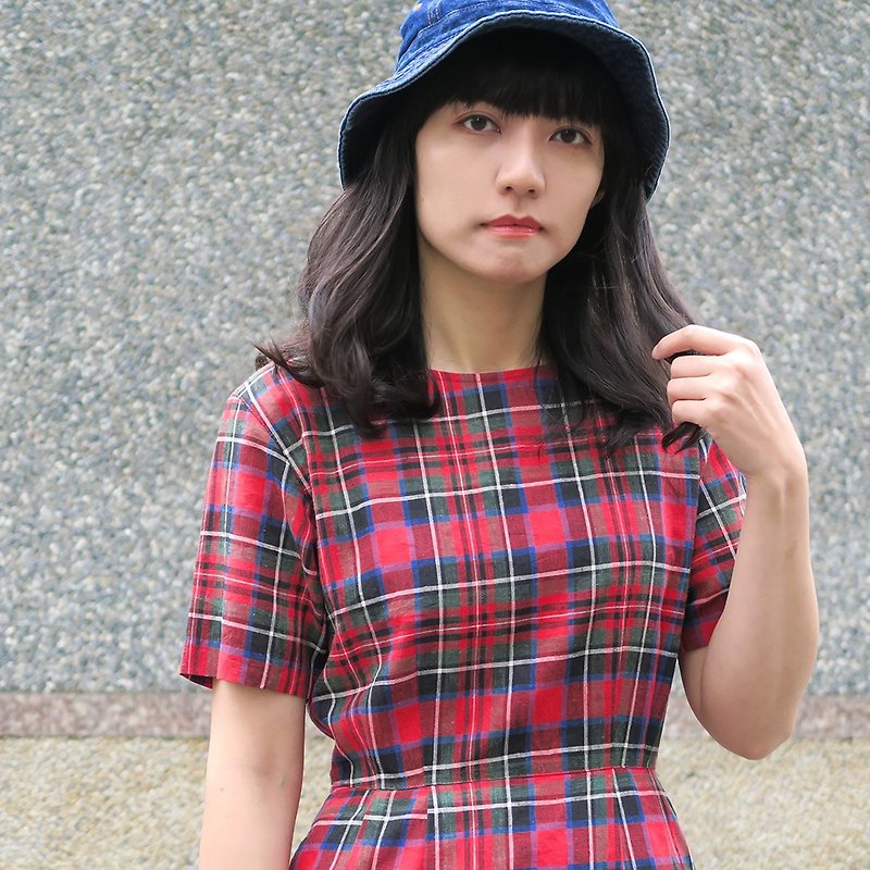 Vintage Japanese line short-sleeved dress - ชุดเดรส - ผ้าฝ้าย/ผ้าลินิน 