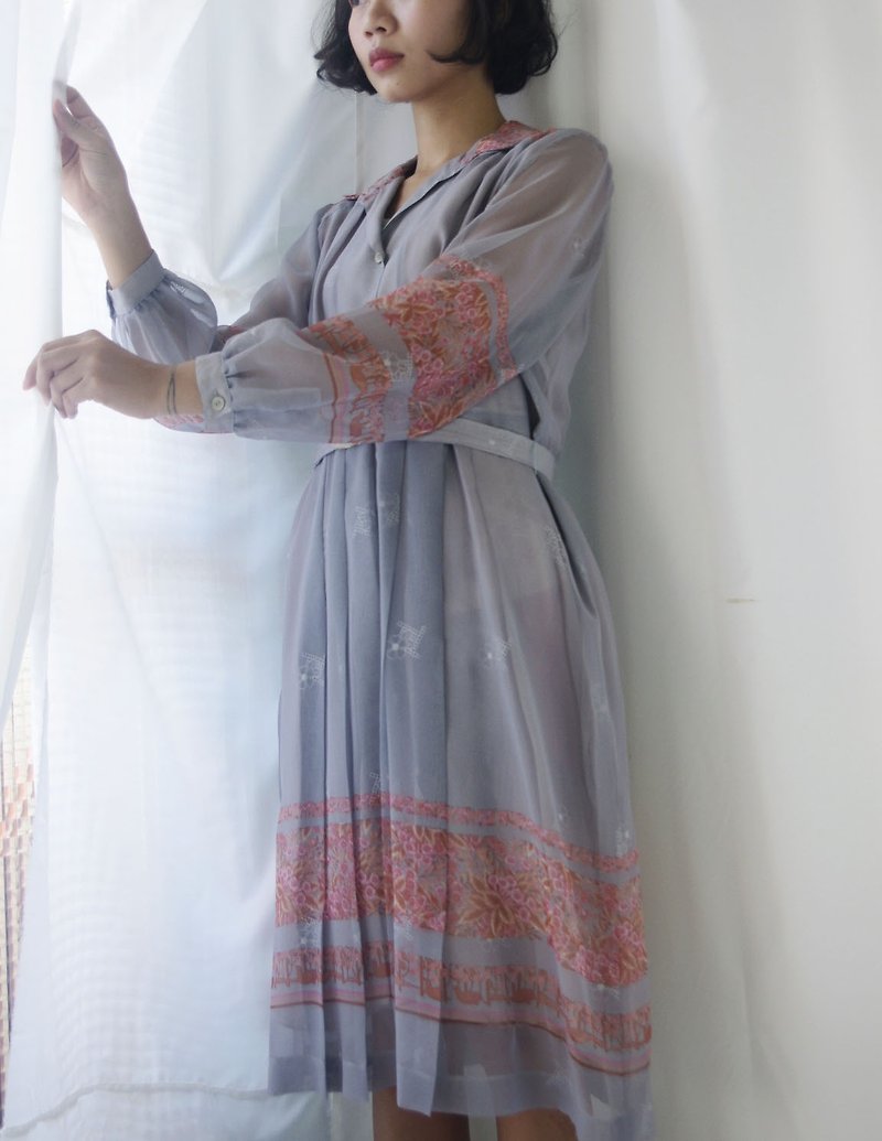 4.5studio- treasure vintage - fog gray chiffon attached belt retro dress - One Piece Dresses - Polyester Gray