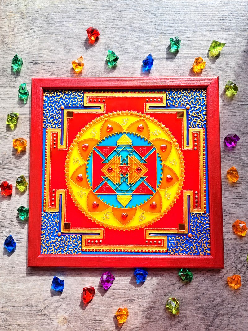 手绘Narasimha Rakshana Yantra Vastu冥想Jyotish Mandala Tantr - 壁貼/牆壁裝飾 - 玻璃 紅色