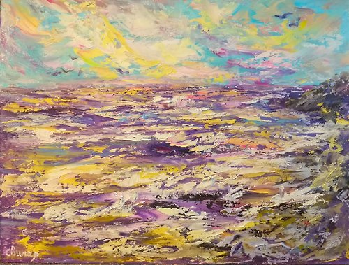Original oil painting artist Svinar Oksana Hawaii Island Sea Sunset Original Art Oil Painting Rocks Gull Artist Svinar Oks