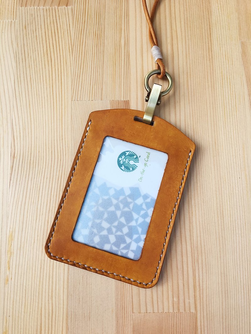 【喵吉】Hand-stitched Vegetable Tanned Leather Document Cover_Yellow Brown Attached Lanyard Card Holder Card Holder Identification Card - ID & Badge Holders - Genuine Leather 