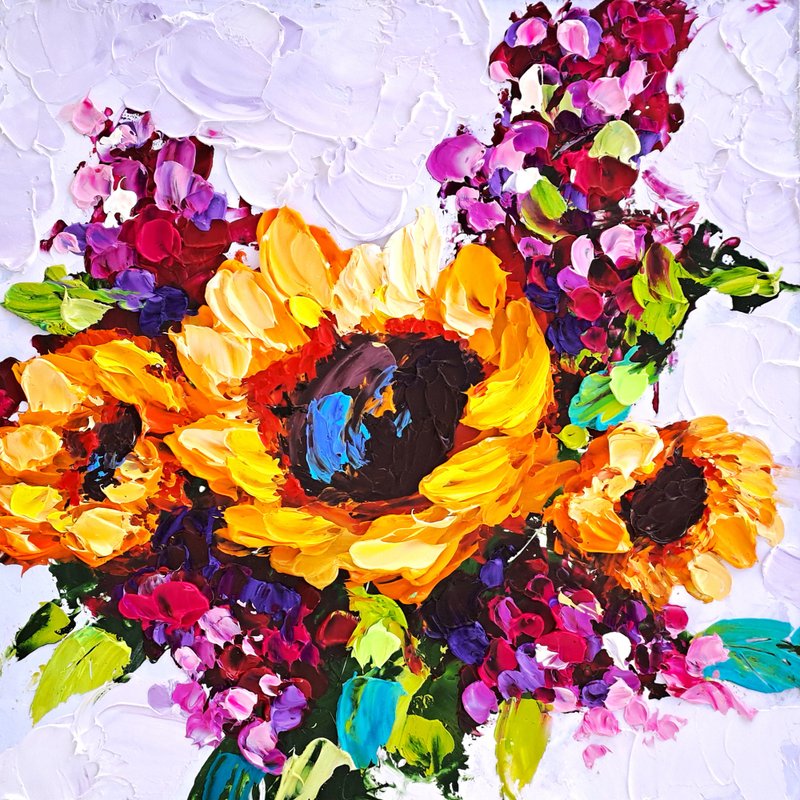 Sunflower Painting Lupine Original Art Floral Impasto Oil Painting Flowers Art - โปสเตอร์ - วัสดุอื่นๆ หลากหลายสี