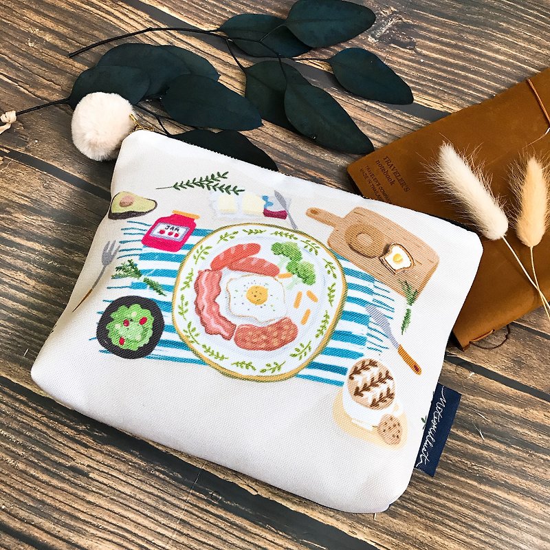 English breakfast | illustration waterproof cosmetic bag | pencil case | sundries bag | with breakfast small badge - กระเป๋าเครื่องสำอาง - วัสดุกันนำ้ สีนำ้ตาล