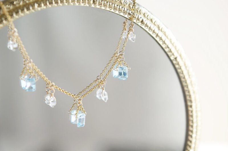 [14KGF Choker Necklace]-Gemstone, Dream Crystal, NY Herkimer diamond x Blue Topaz- - Necklaces - Gemstone Blue