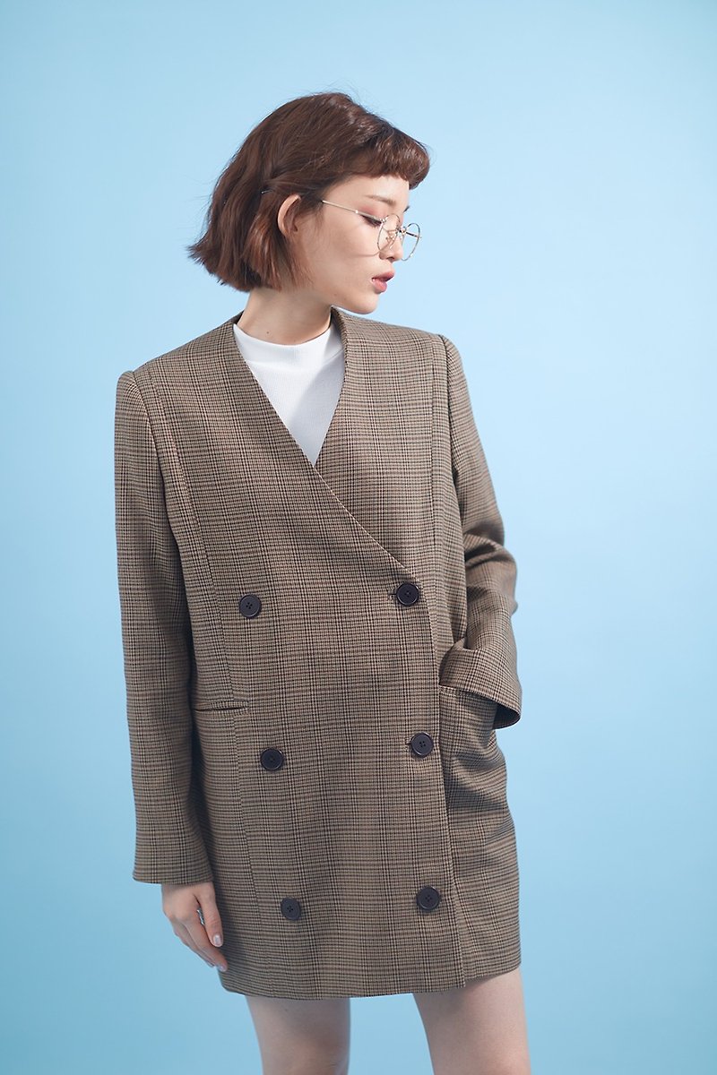Oversized checked coat - 女大衣/外套 - 棉．麻 咖啡色