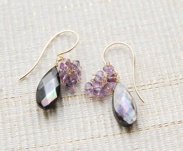 14kgf アメジスト蝶とフローライトシェルのピアス
