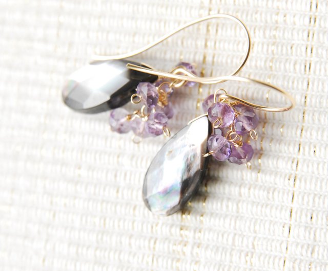 14kgf アメジスト蝶とフローライトシェルのピアス