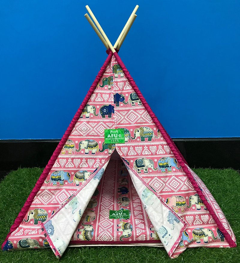 棉．麻 寵物床/外出籠 - 【AFU】印地安露營帳篷附睡墊(粉色大象)