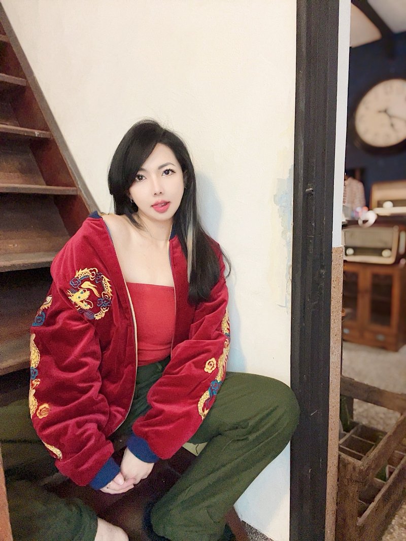 TAILOR TOYO 東洋鵝黃深藍x棗紅 雙面穿橫須賀刺繡棒球外套 - 男夾克/外套 - 棉．麻 多色