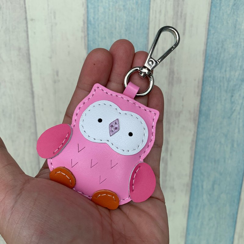 療癒小物 粉紅色 可愛 貓頭鷹 純手工縫製 鑰匙扣 小尺寸 - 鑰匙圈/鑰匙包 - 真皮 粉紅色